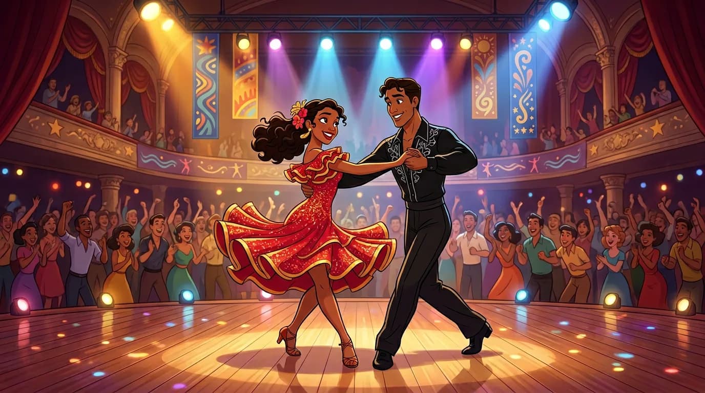 Illustrated salsa couple performing in a grand theater