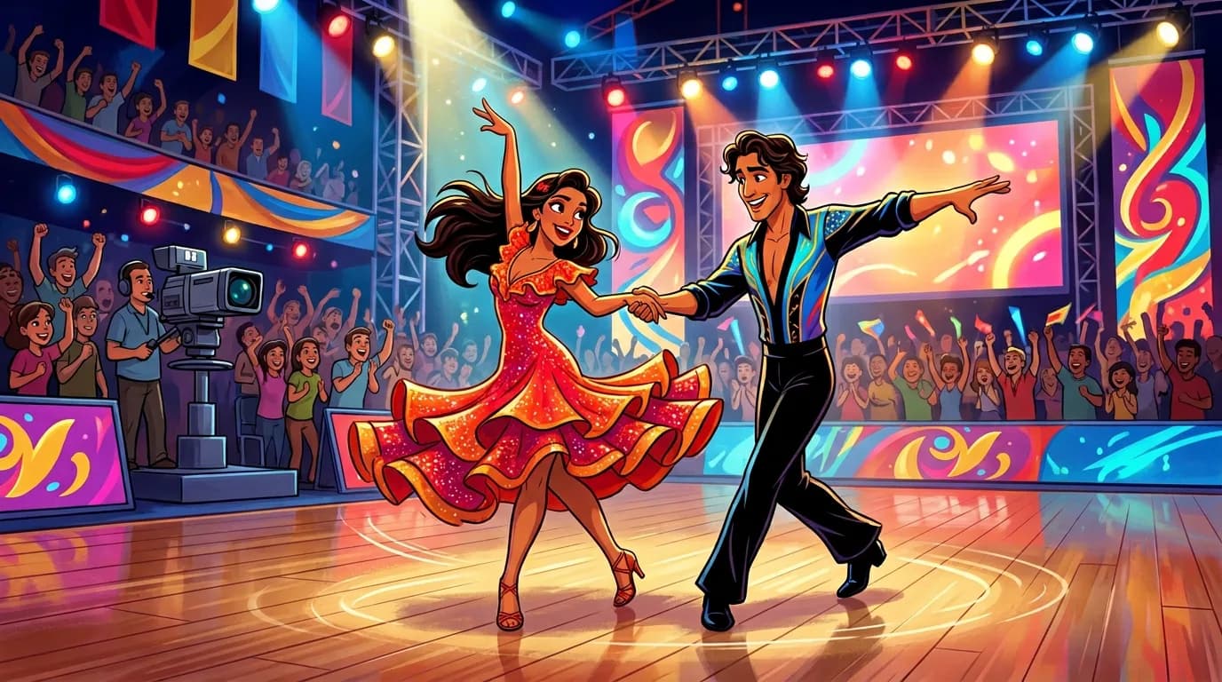 Illustrated couple dancing on a TV studio stage in front of a cheering audience