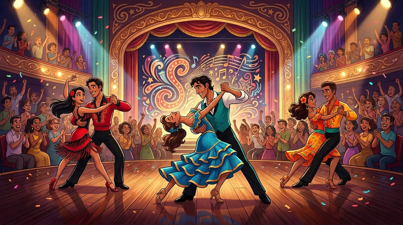 Illustrated salsa couples performing on a grand theater stage in front of a cheering crowd