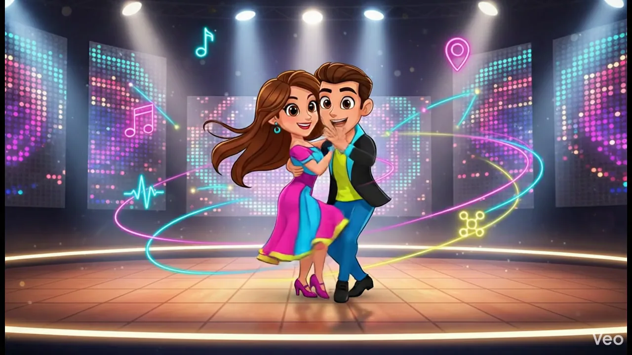 Illustrated couple dancing on a neon stage surrounded by music notes