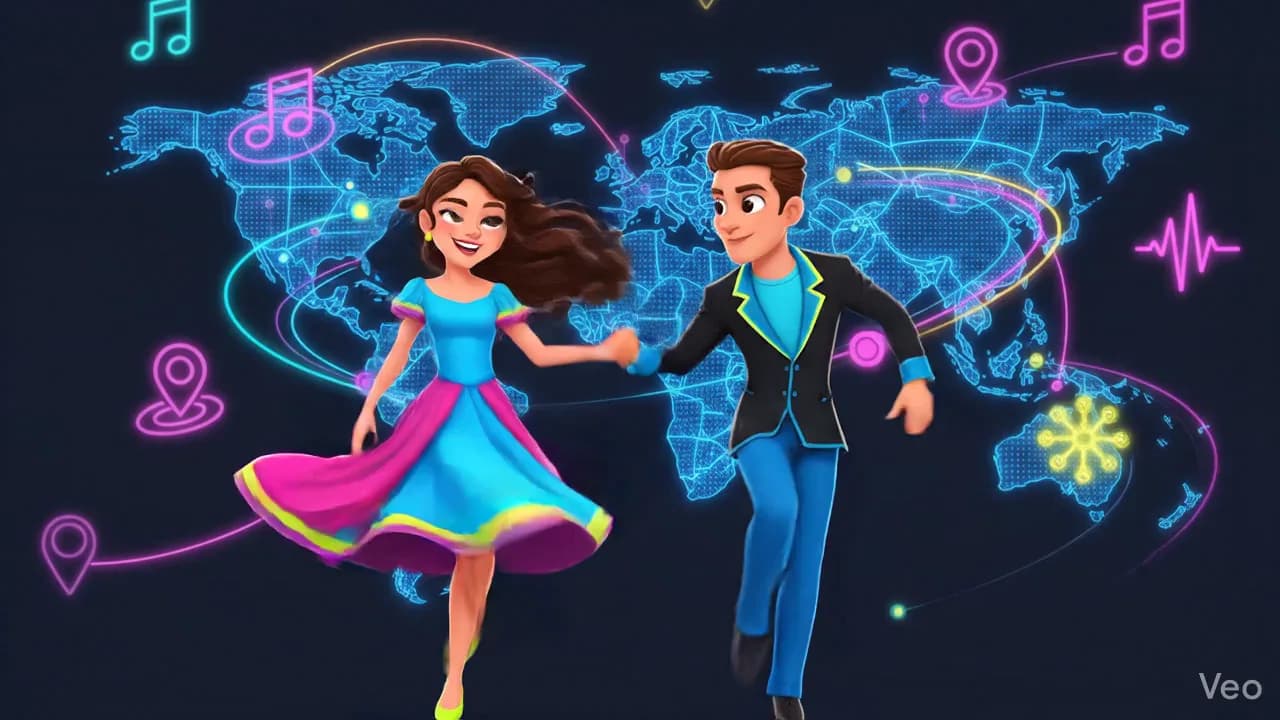 Illustrated couple dancing across a glowing world map