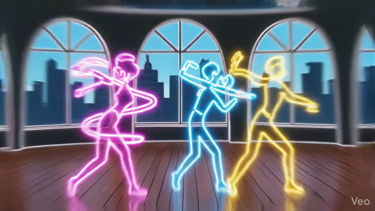 Three neon line-art dancers moving in a studio with arched windows over a city skyline