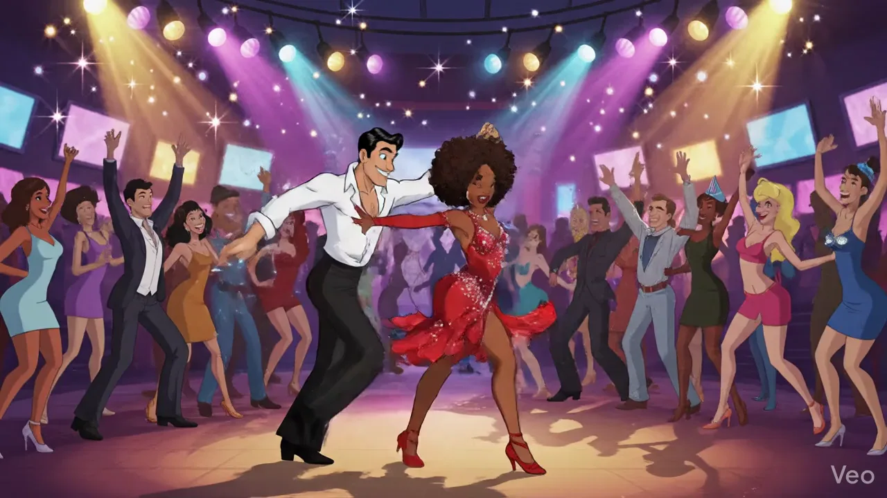 Illustrated salsa couple dancing on a packed dance floor under purple stage lights
